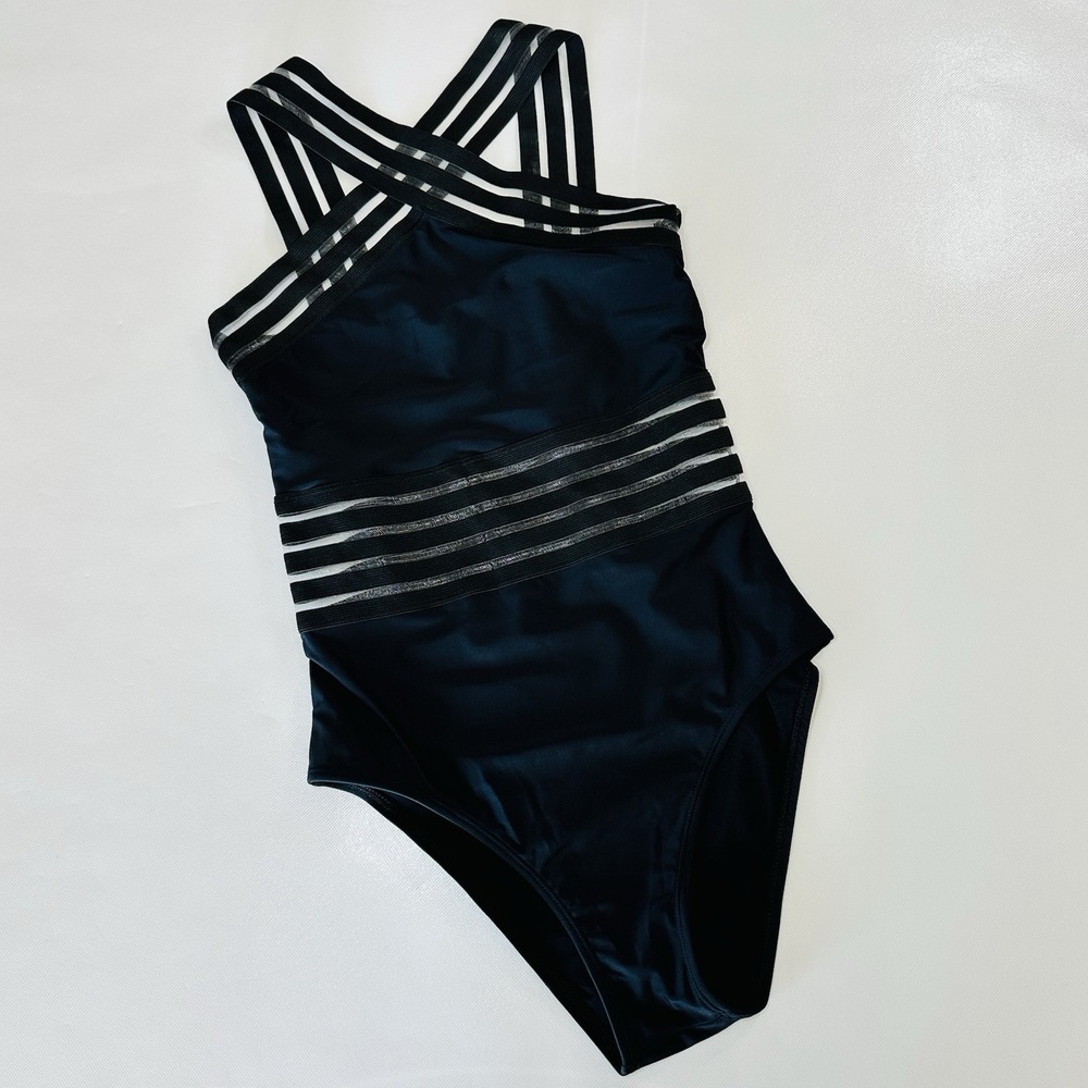 Aava Black One Piece Swimsuit S Crisscross Strappy Back Mesh Sustainable Swim‎